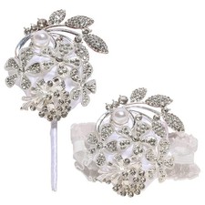 Wrist Corsage Pearl Rhinestone Boutonniere Set Wedding Prom Silver White
