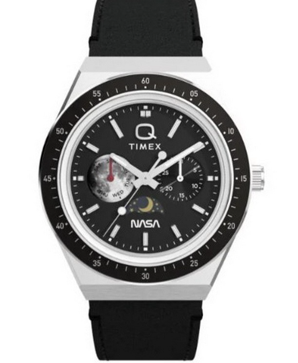 Q Timex x NASA Space Moon Phase Leather Strap Men's Watch
