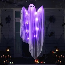 Hanging Light up Ghost, 47" White Ghosts with Purple LED Light and Timer