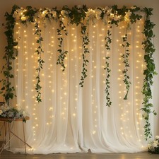 Tulle Curtain Backdrop 300 LED Fairy Lights Sheer Drapes Ivory 10x10 Ft