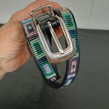 Brighton Black Leather Beaded Belt 30 Southwest Boho Style Silver Etch Buckle