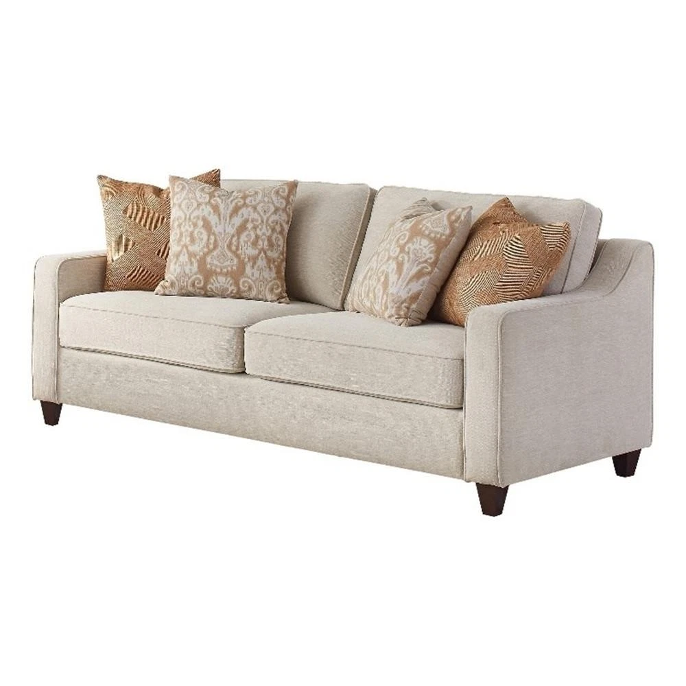 Benjara Leo 79" Modern Sofa- 4 Accent Pillows- Soft Chenille Fabric- Beige
