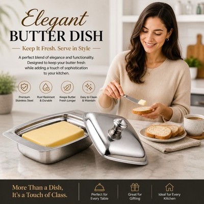 Edelstahl Butterdose mit Deckel Küche Frühstück Essen Servieren Aufbewahrung