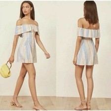 Reformation Landy Linen Off-The-Shoulder Marbella Mini Dress Size 0
