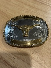 GOLD  SILVER IN COLOR ONLY  RODEO WESTERN LONGHORN BULL Metal Belt Buckle
