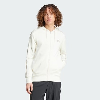 adidas Mens Essential Hoodie Off White M 2XL Full Zip 3 Stripe IS1373