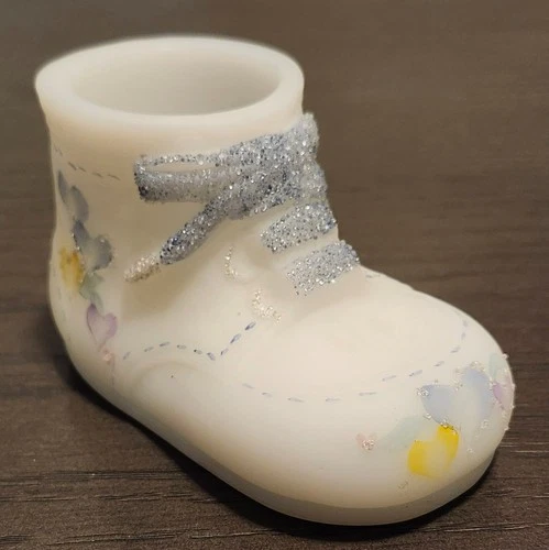Vintage Fenton Hand Painted Satin Glass Baby Shoe Bootie Signed