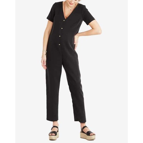 HATCH Noelle Maternity Jumpsuit 0 Black Tencel Linen Button Front Short Sleeve