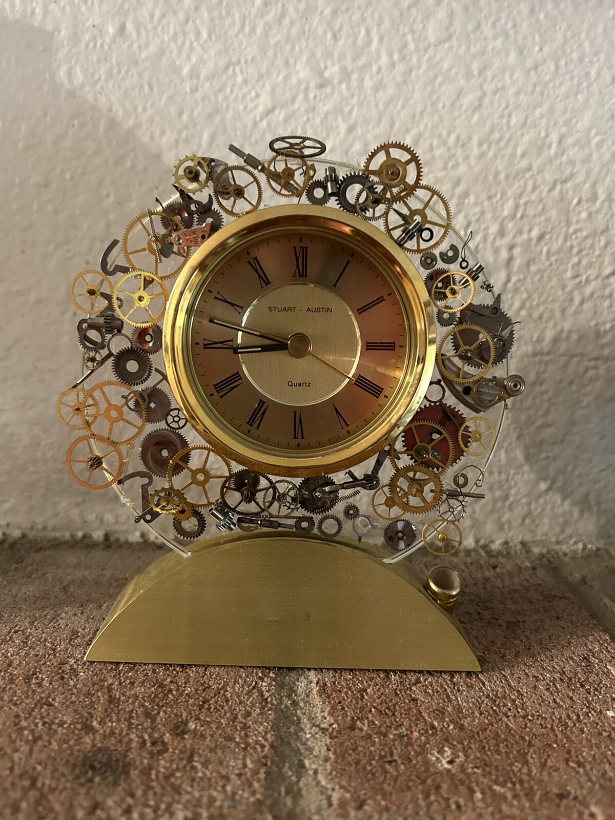 Gears Over Plastic Base Is Bronze Mantel Clock 4x4” Made In China