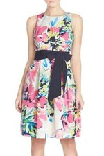 Eliza J Belted Print Faille Pink Sleeveless Fit & Flare Dress Size 8 Orig $168