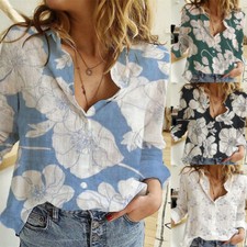 Womens Casual Button Blouse Floral Long Sleeve Tops Lapel Collared Shirt