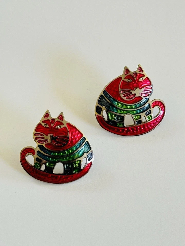 Berebi 猫耳环 复古 穿孔 罕见 滴表 粉色 搪瓷 粗华 — 第 2/4 张图片