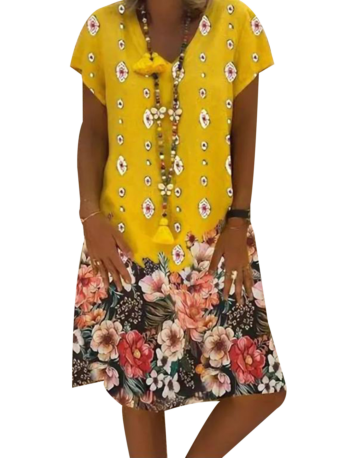 Women's Boho Floral Print V Neck Dress Ladies Summer Holiday Casual ...