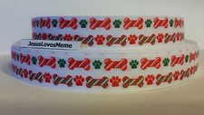 Grosgrain Ribbon, Christmas Red  Green Dog Bones  Paw Prints, Holiday, 7/8"
