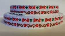 Grosgrain Ribbon, Christmas Red & Green Dog Bones & Paw Prints, Holiday, 7/8"
