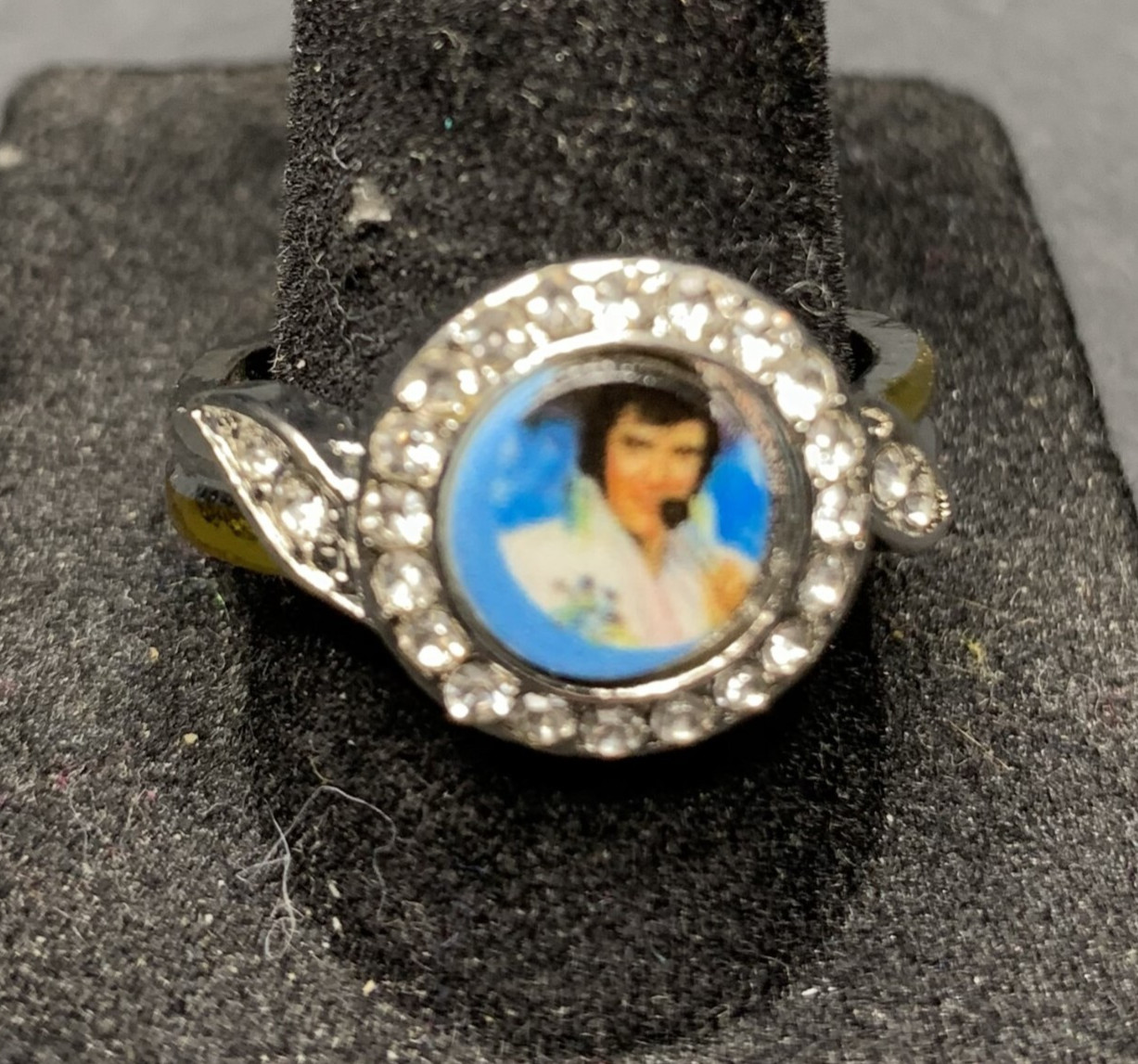 Vintage Estate Antique Silver Tone Rhinestone Elvis Presley Ring - Size 9
