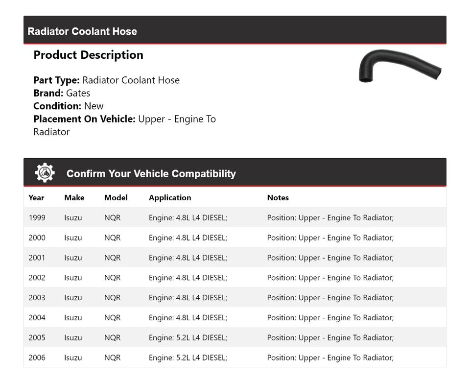 For 1999-2006 Isuzu NQR Radiator Coolant Hose Upper - Engine To Radiator Gates - Image 2 of 4