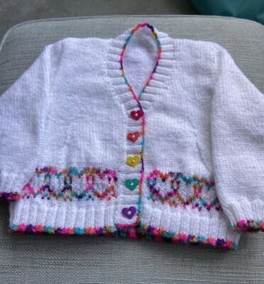 New hand knitted Girls White Cardigan With Rainbow Hearts Size 1-2 Years  UK