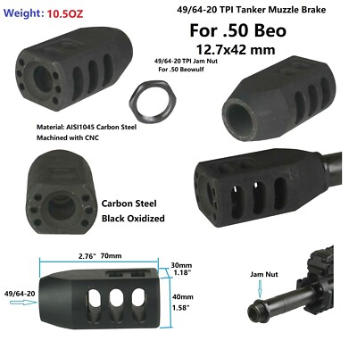 All Steel 10.5 OZ Heavy Duty 49/64x20 TPI Tanker Muzzle Brake F Beo 50 12.7x42mm