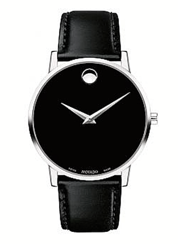 movado museum black dial black leather strap men's watch