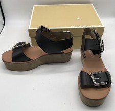 Michael Kors black leather open toe platform sandal w/ buckle detail sz 39.5