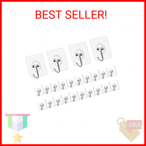 Adhesive Hooks Kitchen Wall Hooks - 24 Packs Heavy Duty 33lb(Max) Nail Free Stic
