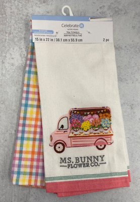 2 Easter Kitchen towels 15'' x 22'' Bright plaid and floral holiday decor
