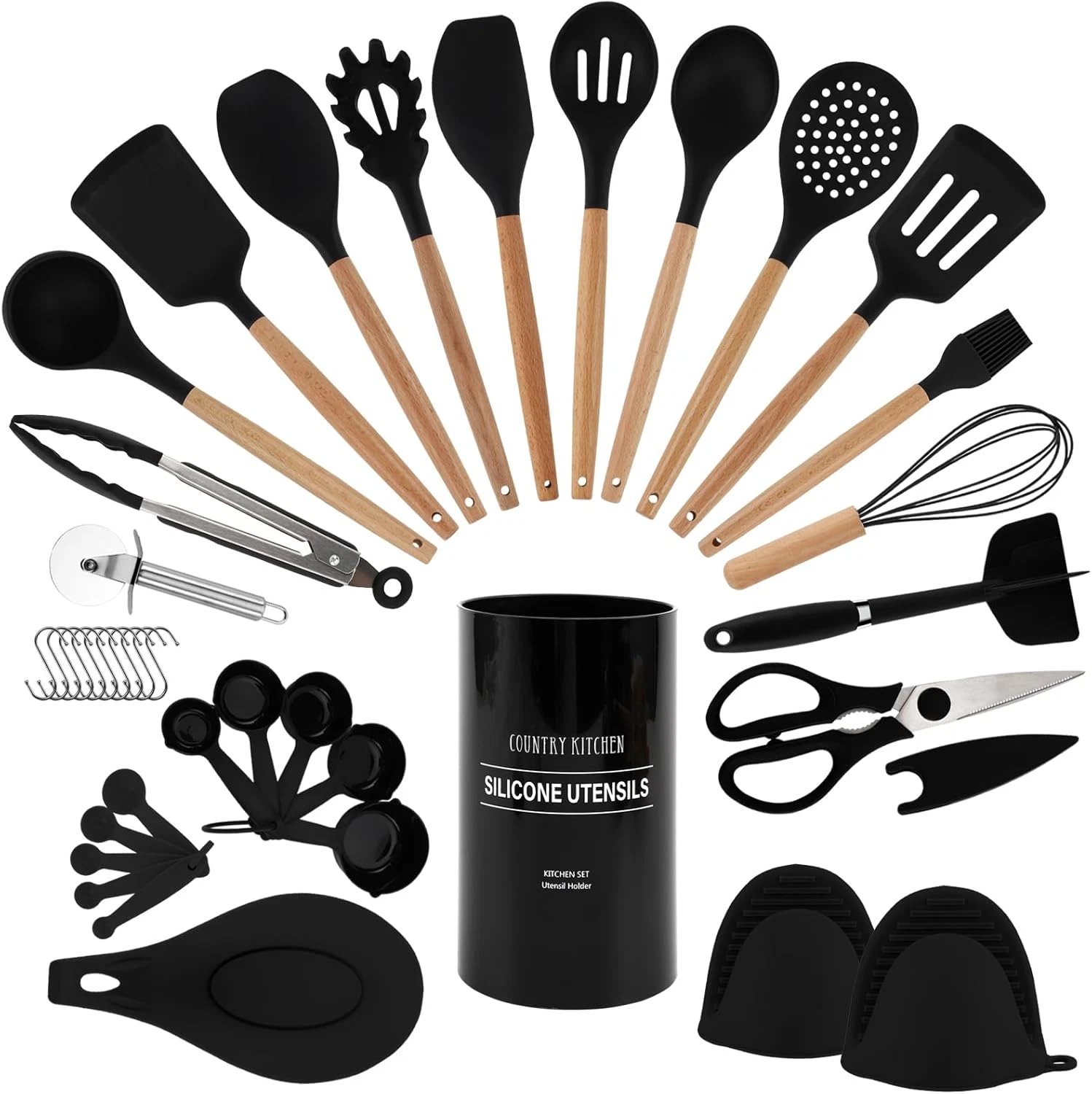 Non Stick Silicone Utensil Set with Rounded Wood Handles for Cooking and Baking,
Opens in a new wind