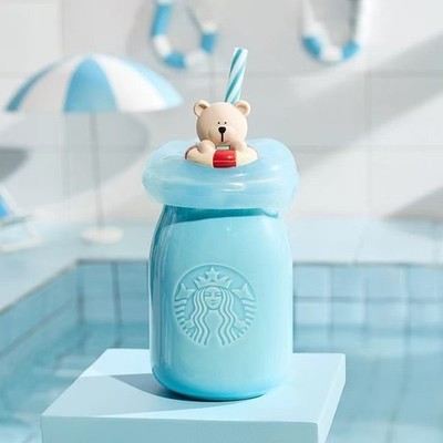 Summer Collection Blue Mug  w/ 3D Floating Bear Lid&Striped Straw 12oz Starbucks