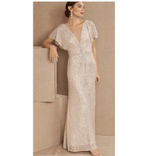 Jenny Yoo BHLDN Lorimer Shimmer Silver Metallic Low Back Flutter Sleeves Gown 12