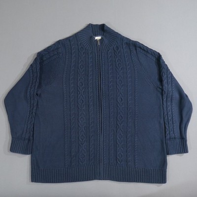 LL Bean Women s 3X Navy Blue Full Zip Cable Knit Cotton Sweater Mock Neck 300112