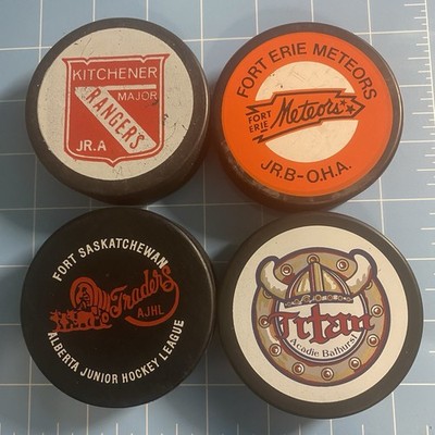 4 CDN Junior Pucks Lot: Kitchener, Fort Erie, Fort Saskatchewan, Acadia-Bathurst
