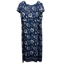 Talbots Women's Maxi Dress 18 Blue White 100% Silk Floral Stripe Back Slit Lined