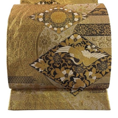 Japanese Kimono Fukuro obi excellent item crane flower arabesque gold thread