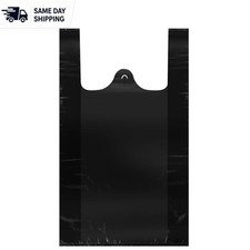 Reusable Black Plastic T-Shirt Bags, Medium 12x20 Inches for Groceries - 50 pcs