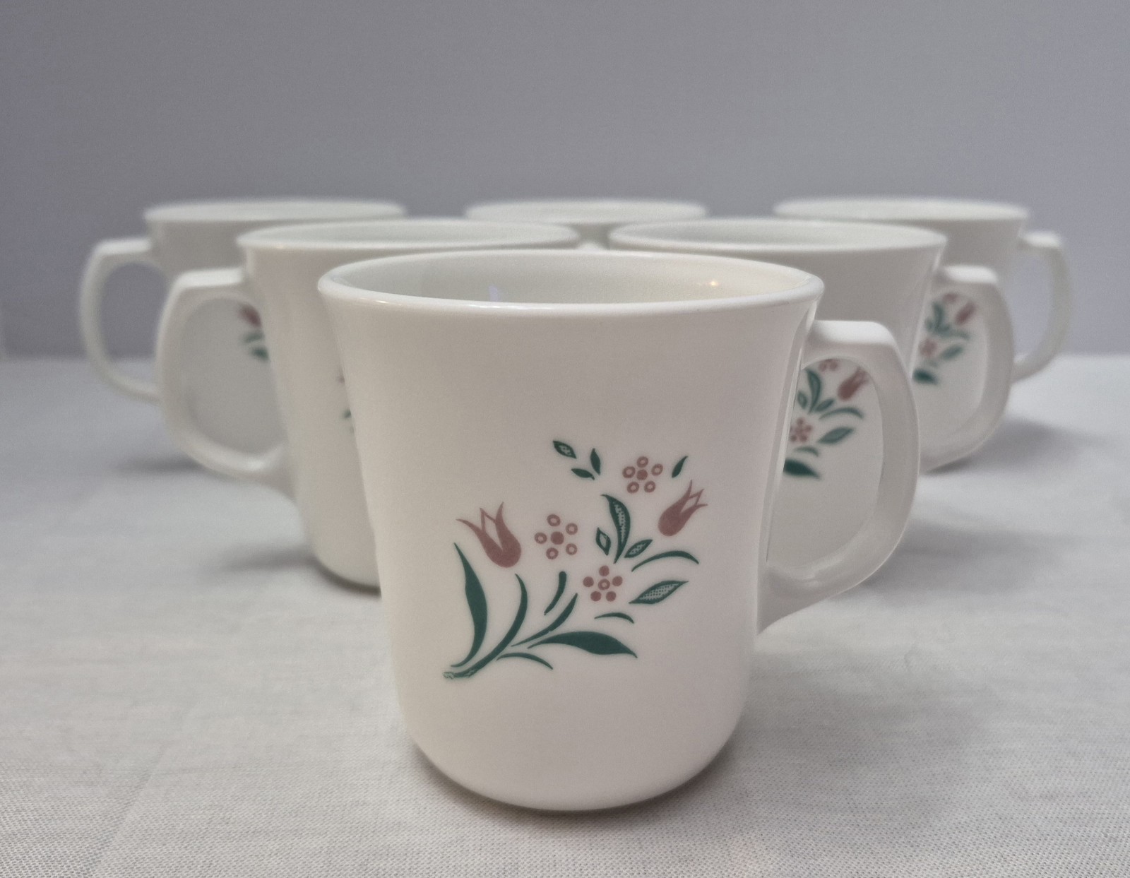 Vintage Corning Ware Corelle ROSEMARIE Coffee Mugs PINK TULIPS Flowers Set Of 6