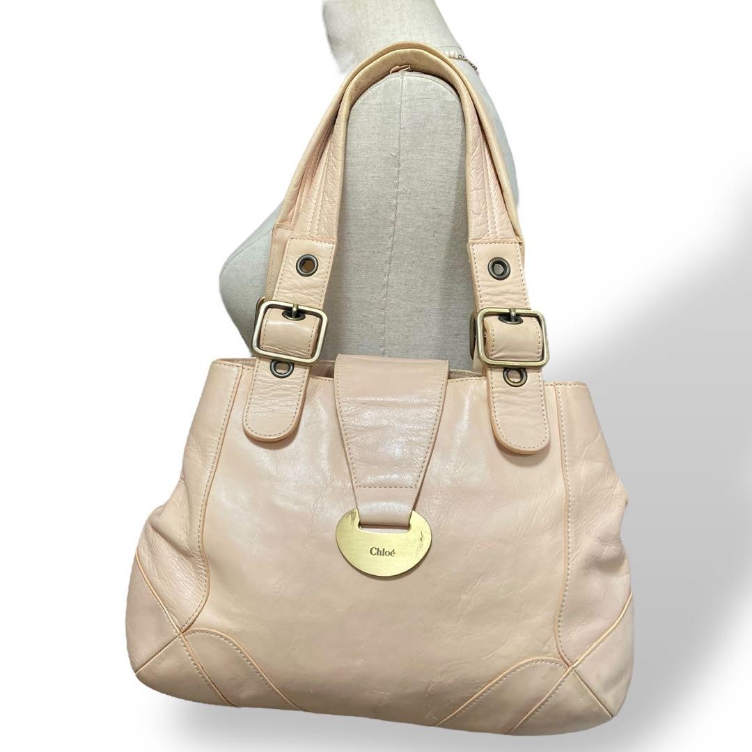 Chloe Medium Logo Leather Tote Shoulder Bag in Pink Beige Cute Women's Bag from Japan