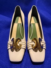 Vintage Gucci Square-Toe Leather Pumps with Gold Sculptural Logo Buckle