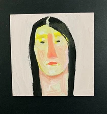 Original Portrait Painting Quirky Woman Pink Naive Square Mini Expressive Art