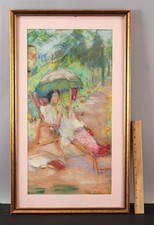 Antique Impressionist Pastel Drawing Woman Book Parasol, Campbell-Lothrop Family