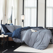 Reversible Queen Duvet Cover Set, 100 Washed Cotton, Navy/White Stripe