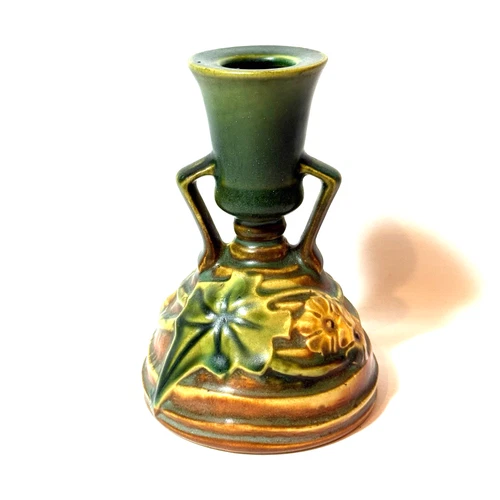 Antique Art Deco 1930's Roseville Green Brown Luffa Candle Holder 4 11/16"