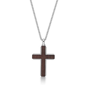Stainless Steel Cross Pendant with Bubinga Wood Inlay  - 24 Inch Round Box Chain