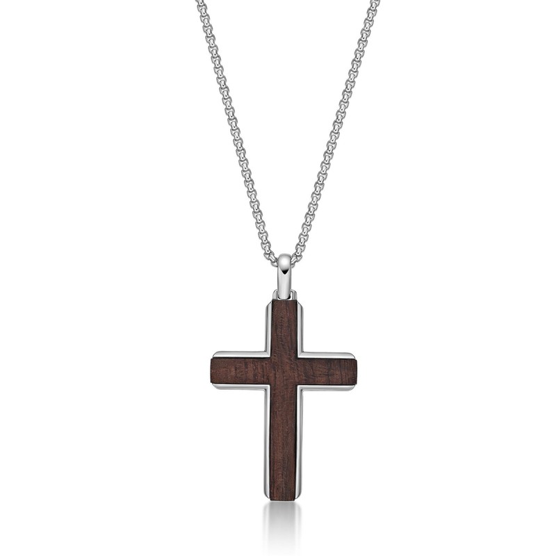 Stainless Steel Cross Pendant with Bubinga Wood Inlay  - 24 Inch Round Box Chain