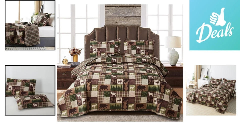 Rustic Wildlife 被子套装带驼鹿和熊 - 全/大号双面床罩 — 第 2/4 张图片
