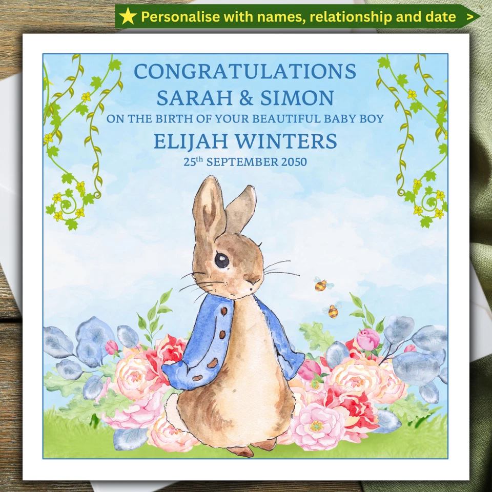 personalised PETER RABBIT NEWBORN BABY CARD baby boy new parents grandparents