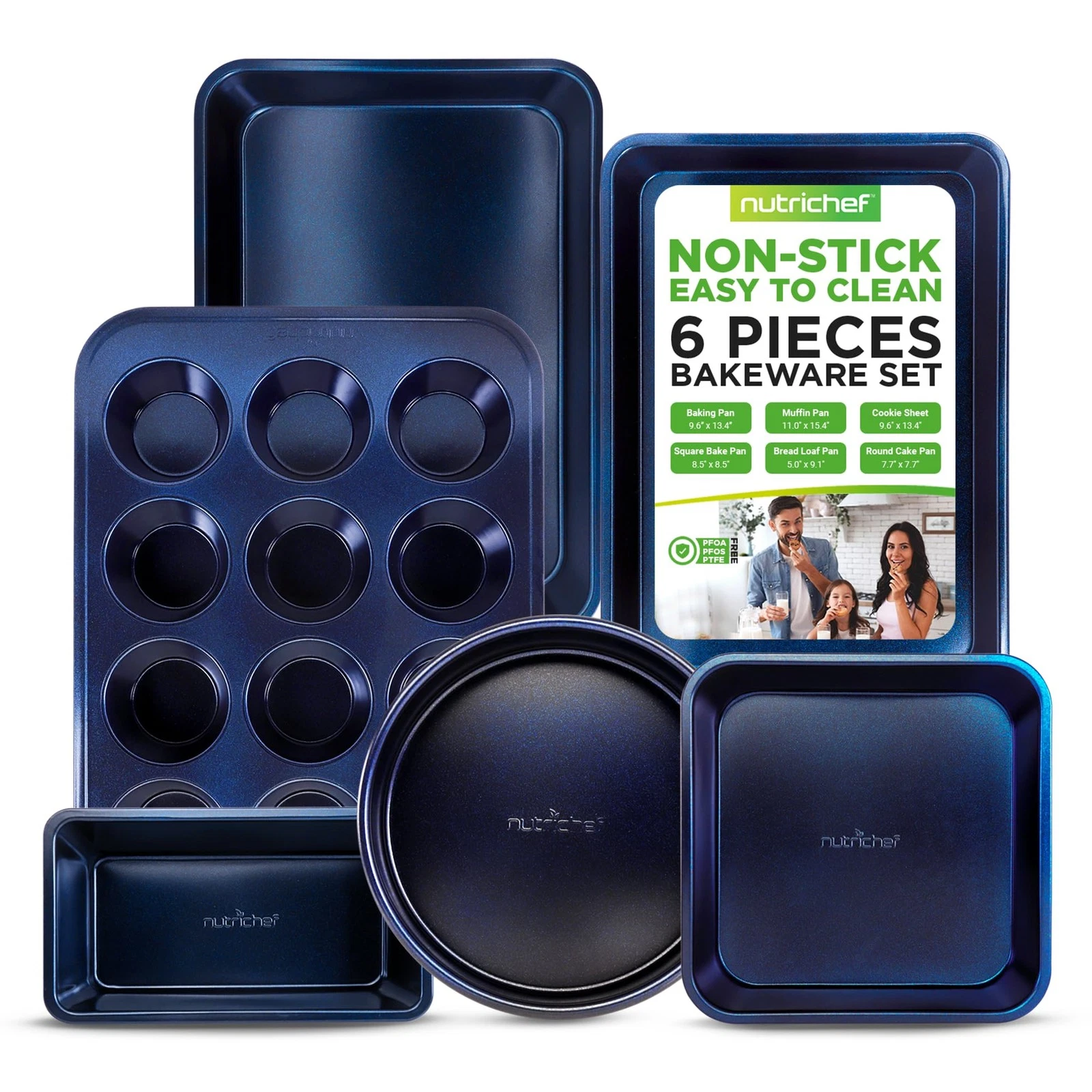 NutriChef 6-Piece Nonstick Baking Pans - Carbon Steel Non toxic 6 set, Blue
