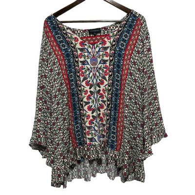 Cynthia Rowley Blouse Womens 3X Colorful Bright Artsy Flare Sleeve Ruffle Hem