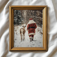 Vintage Christmas Wall Art - Rustic Santa Reindeer Print, 11" X 14" Unframed