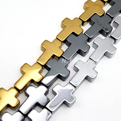 Hematite Cross Beads 14x10mm   Metallic Gray, Gold & Silver Gemstone Beads, 15''